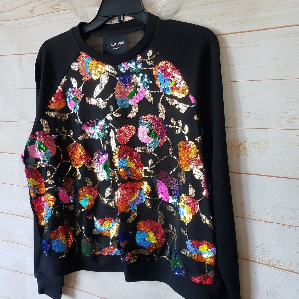 Le Superbe Glam Garden Sequined Sheer Round Neck Sweatshirt Top Women's Medium - Picture 6 of 12